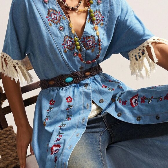 Blue Western Boho Women's Embroidered Casual Dress - Picture 4 of 8